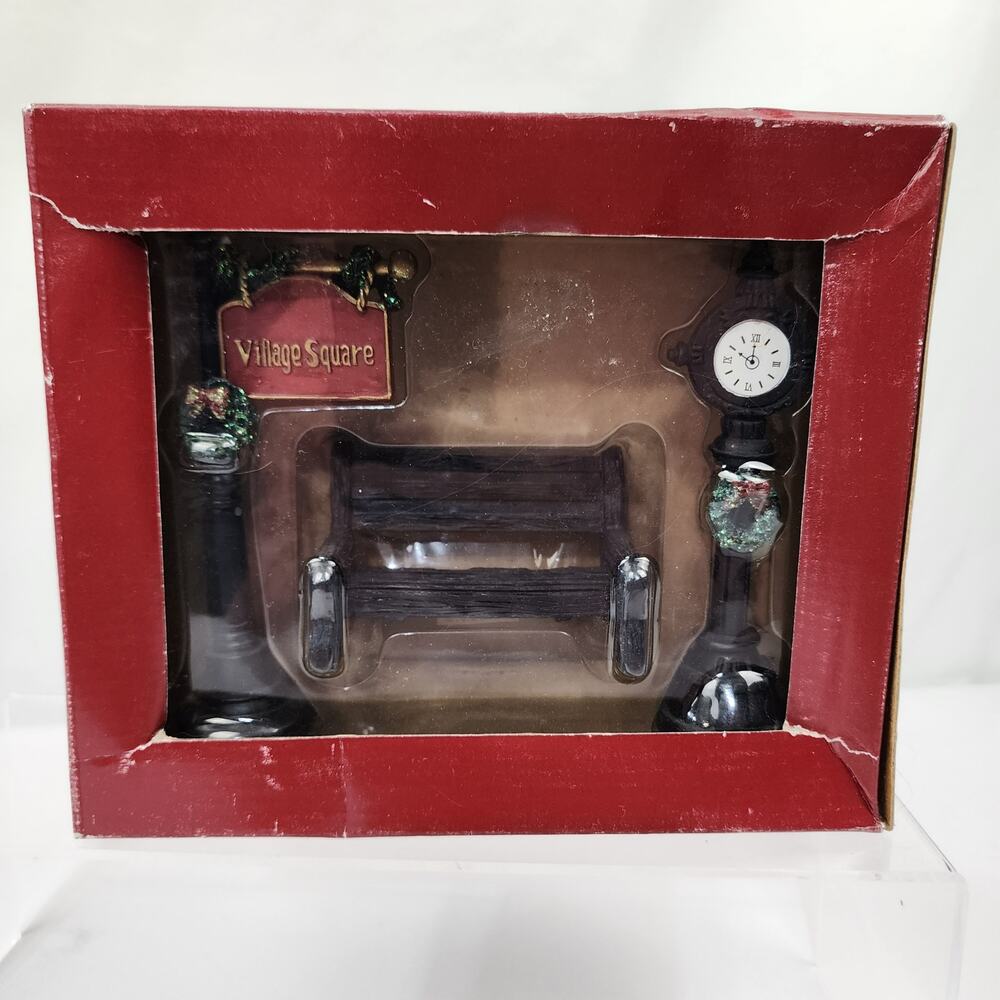 Mervyns Village Square 2001 Christmas Decoration Bench Clock Sign Pole NIB